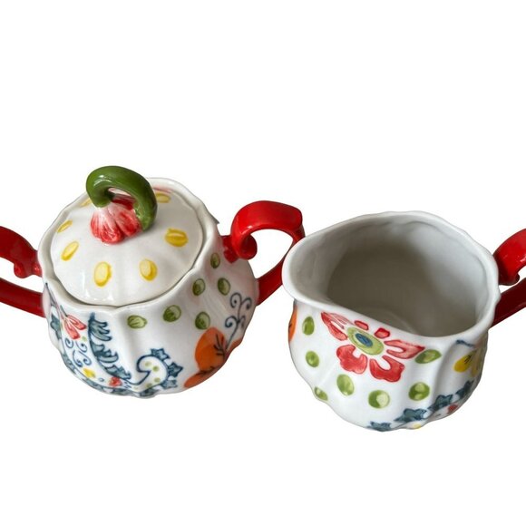 Pier 1 Imports Creamer Sugar Set Hand Painted White Red Floral - Picture 12 of 12